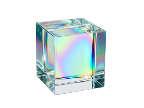 A three-dimensional transparent cube with an iridescent surface that reflects light in vivid holographic colors, showcasing a sleek geometric design. Isolated against a transparent background, in PNG 