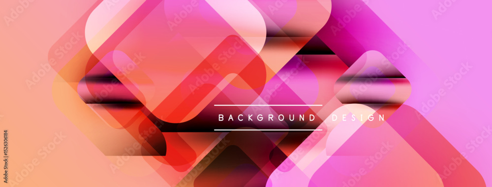 Poster Abstract geometric shapes overlap, creating vibrant pink, orange gradients. Text reads background design centered within composition.