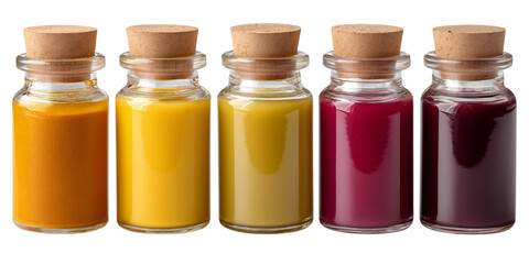 Five colorful paint jars with cork lids isolated on white background