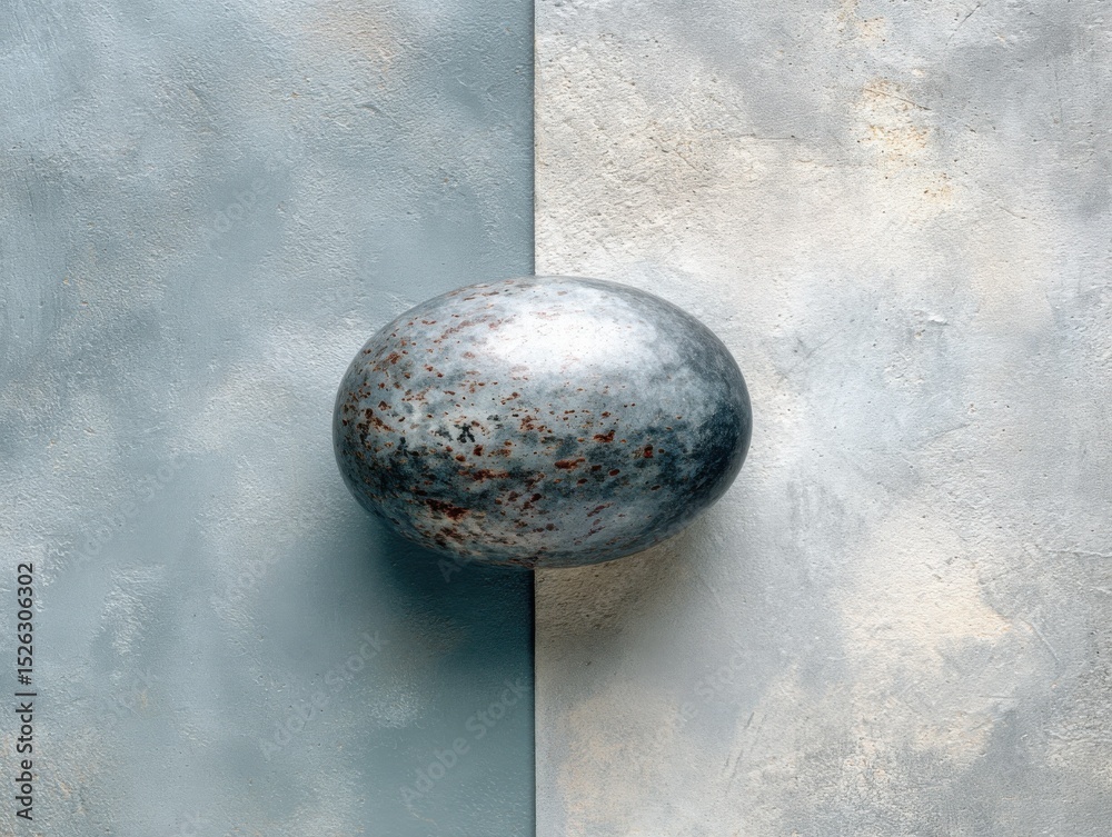 Poster textured metal sphere on split blue and white background, symbolizing balance and duality for produc