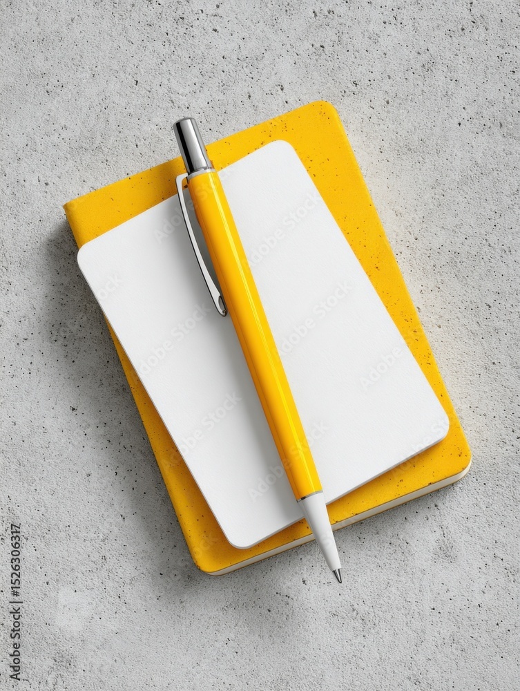 Poster yellow pen and notepad on concrete surface, symbolizing productivity and creative writing for busine