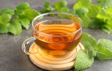 Aromatic lemon balm tea in glass cup and fresh leaves on gray textured table, closeup