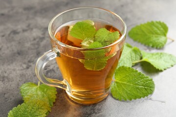 Aromatic lemon balm tea in glass cup and fresh leaves on gray textured table, closeup