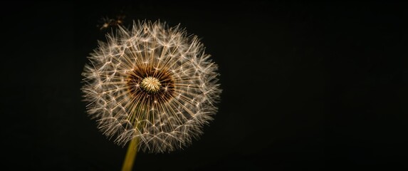 Dandelion Seed Head CloseUp, Golden Light Against Black Background, Studio Shot.