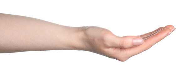 Woman holding something in hand on white background, closeup