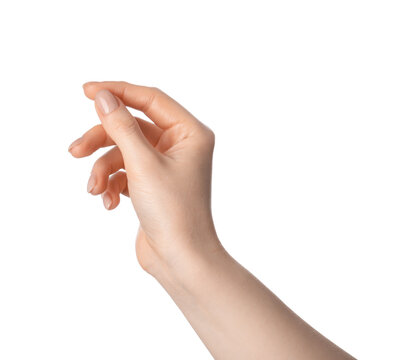 Woman holding something in hand on white background, closeup
