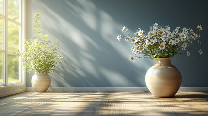 serene dining area featuring ceramic vases with flowers and greenery, creating calming