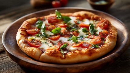Freshly Baked Margherita Pizza with Tomato, Basil, and Mozzarella on a Wooden Plate