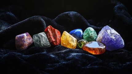 Seven Chakra Stones on Dark Velvet: A Vibrant Display of Energy and Healing