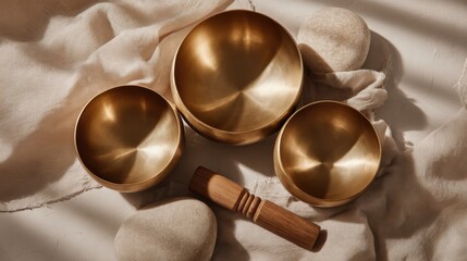 Three Golden Singing Bowls With Mallet and Stones on Linen, Representing Wellness and Alternative Therapy, Ideal for Meditation and Spiritual Practice : Generative AI
