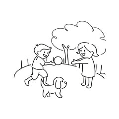 Happy Children Playing Fetch with Dog in Park