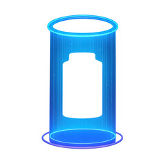 Futuristic holographic product projection showcasing glowing blue cylindrical display. This innovative design emphasizes technology and modern aesthetics, perfect for showcasing products