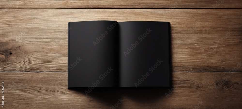 Poster open black book on rustic wooden table, representing creative writing and publishing industry, ideal