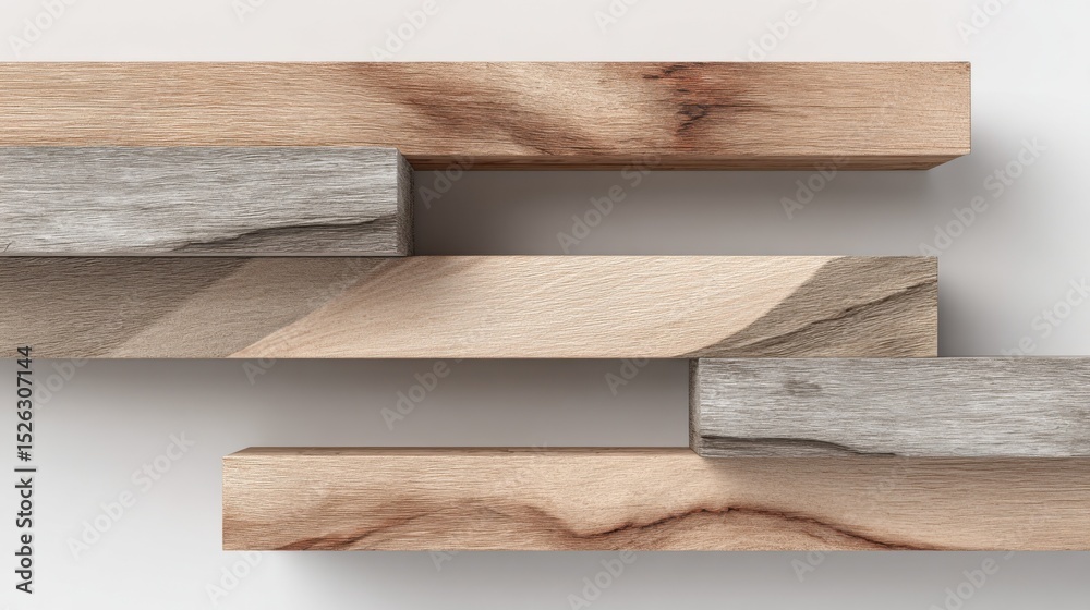 Poster stack of wooden planks on white background, ideal for product display mockups and demonstrating mate