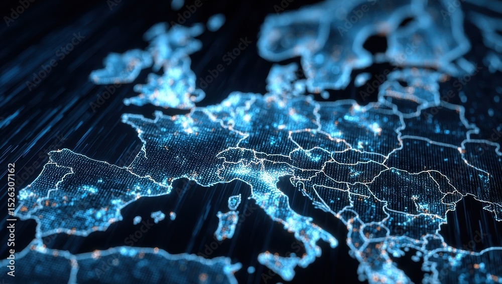 Poster europe map made of glowing dots on dark background, symbolizing global connectivity and digital tran