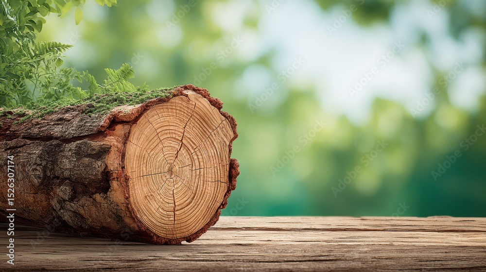Poster close-up of tree stump on wooden surface with greenery, representing environmental awareness and sus