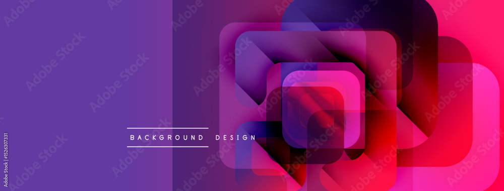 Poster abstract geometric shapes overlap, creating vibrant gradient effect. purple, pink hues dominate desi