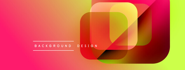 Abstract geometric shapes overlap, creating vibrant color gradients. Pink, orange, yellow hues dominate design. Modern aesthetic.