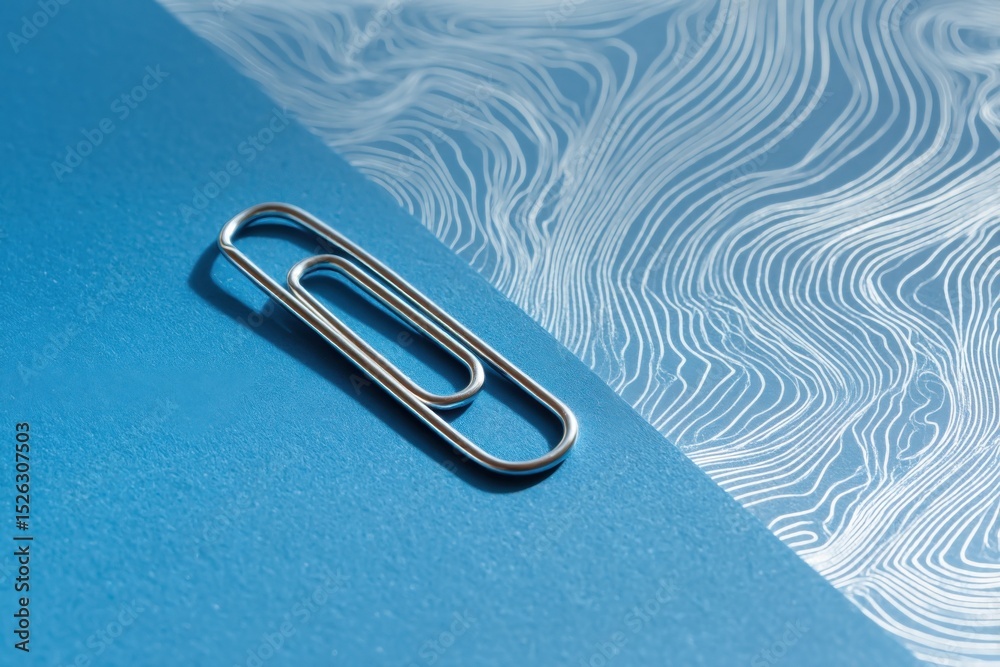Poster paperclip on blue textured paper, symbolizing office organization and administrative efficiency, sui