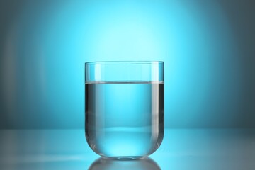 Fresh water in glass on mirror table against light blue gradient background. Backlit
