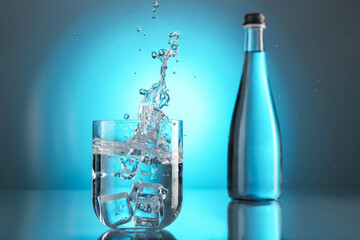 Fresh water splashing out of glass on mirror table against light blue gradient background. Backlit