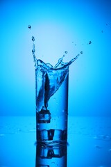 Fresh water with ice cubes splashing out of glass on mirror table against blue gradient background