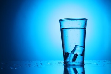 Fresh water with ice cubes in glass on mirror table against blue gradient background, space for text. Backlit