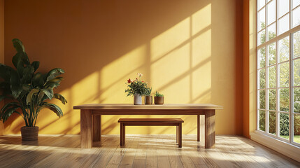 warm and inviting dining space featuring wooden table, plants, and sunlight streaming through