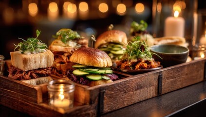 Gourmet Sliders and Appetizers on a Wooden Tray Lit by Candles, Representing Culinary Excellence and Restaurant Promotion : Generative AI
