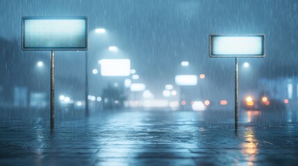 Rainy Night Cityscape with Blank Signage