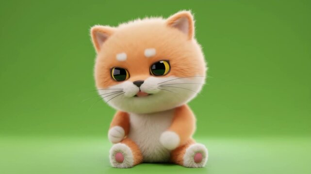 Tiny Kitten in Pink Pajamas Sitting on Green Background