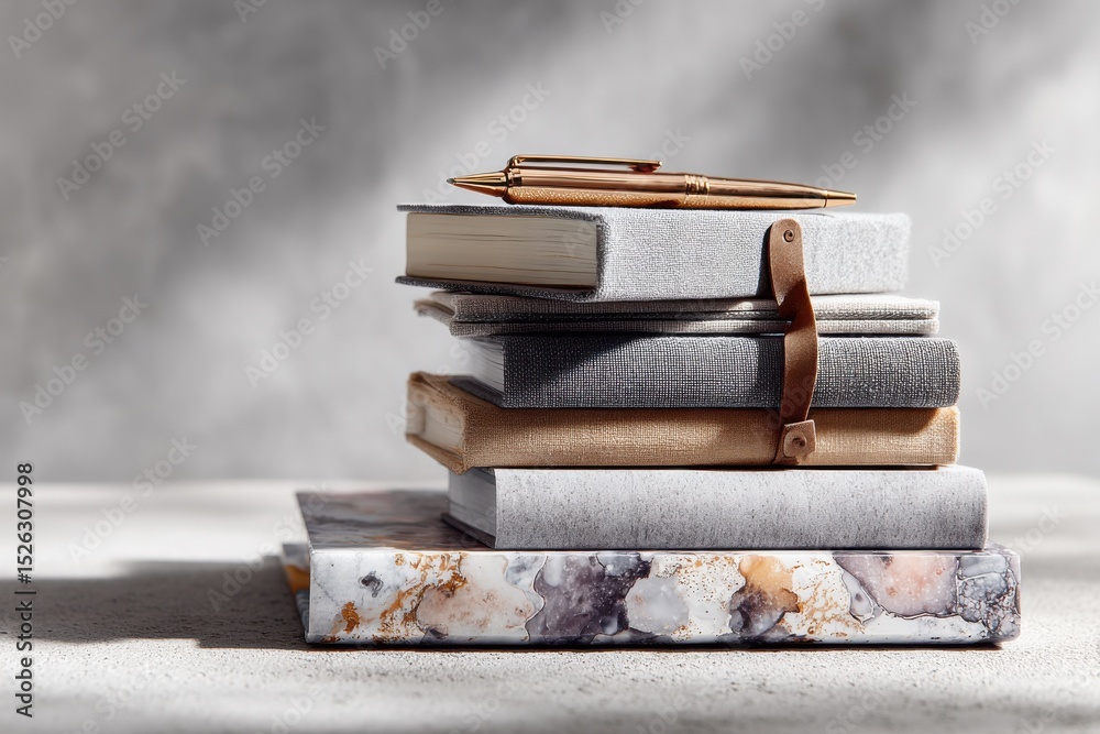 Poster stack of books with pen on top, representing academic excellence and educational resources for stude