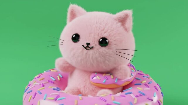 Cute fluffy pink cat sitting on a frilly pillow