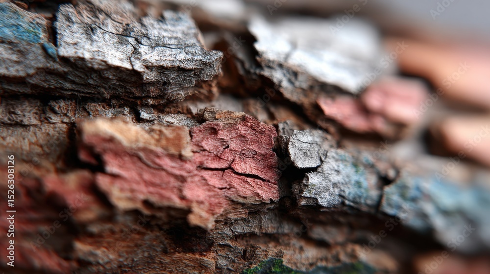 Poster close-up of textured tree bark with red and gray patches, illustrating natural beauty and environmen
