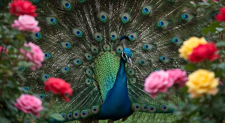 Obraz premium Peacock Amidst Colorful Roses