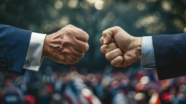 Two hands in business suits making a fist bump. Background shows a crowd with American flags. Concept of unity and agreement in a professional setting.