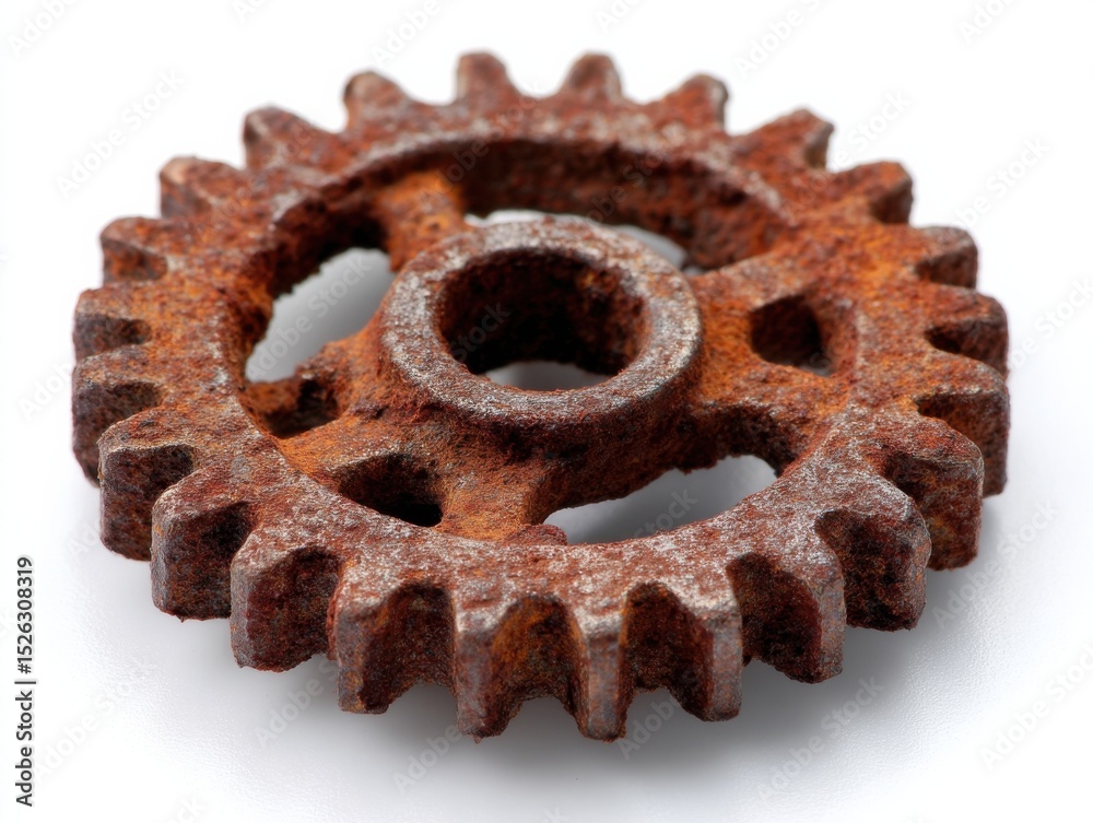 Poster close-up of a heavily rusted gear on white, symbolizing industrial decay and the need for maintenanc
