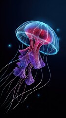 Obraz premium Glowing Jellyfish With Bioluminescent Tentacles Against Dark Background, Symbolizing Marine Life and Underwater Exploration : Generative AI