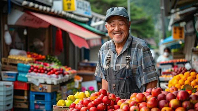 An elderly Asian man with gray hair stands at a fruit market. He wears a cap and plaid shirt, surrounded by colorful fruits like apples and oranges.