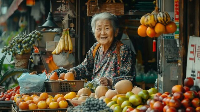 An elderly Asian woman with gray hair smiles at a fruit market. She stands behind baskets filled with various fruits, including oranges, apples, and bananas.