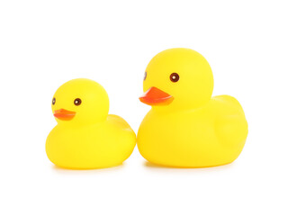 Cute rubber ducks isolated on white. Children's toy