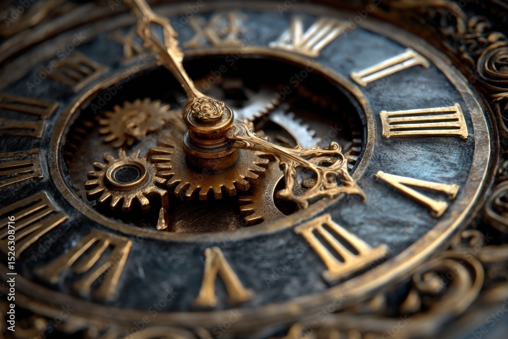Poster Close-Up of Intricate Clock Gears and Hands, Symbolizing Precision and Timeless Innovation for Business Strategy and Financial Planning, With Roman Numerals : Generative AI