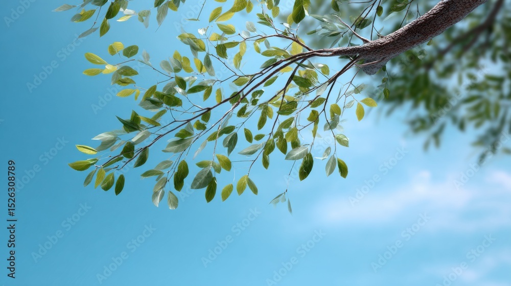 Aufkleber tree branches with green leaves against a blue sky, symbolizing environmental awareness and sustaina