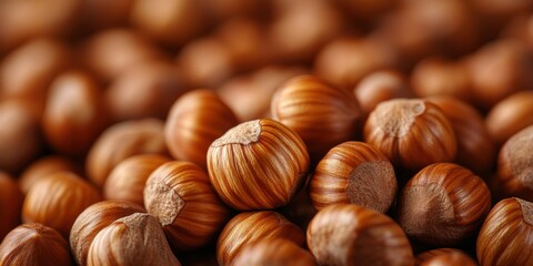 Obraz premium Countless hazelnuts scattered on a wooden surface during the autumn harvest season