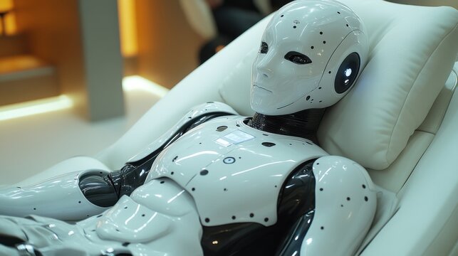 Robotic humanoid resting in a modern lounge, showcasing advanced technology and design features in a futuristic environment