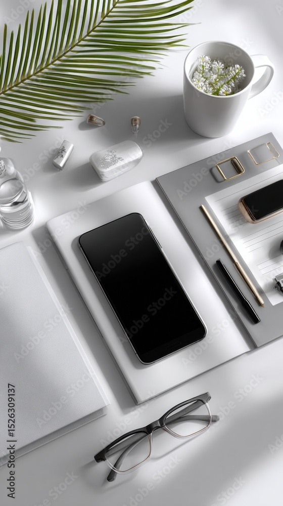 Poster overhead view of a desk with phone, notebook, and office supplies, representing productivity and wor
