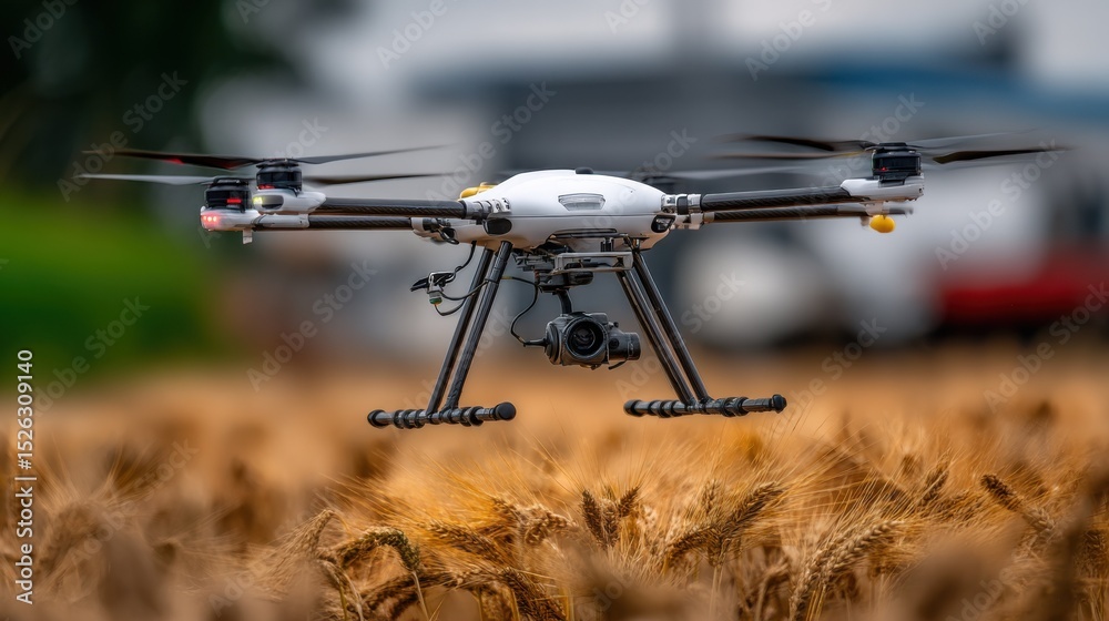 Poster Drone Hovering Over Wheat Field, Showcasing Precision Agriculture and Technological Advancement in Farming Practices for Sustainable Food Production : Generative AI