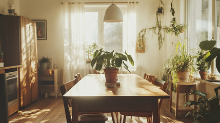 cozy Scandinavian dining room featuring wooden table, chairs, and lush plants