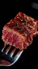 Perfectly Cooked Steak Cube on a Fork Against Black Backdrop, Showcasing Culinary Artistry and Gourmet Food Presentation : Generative AI