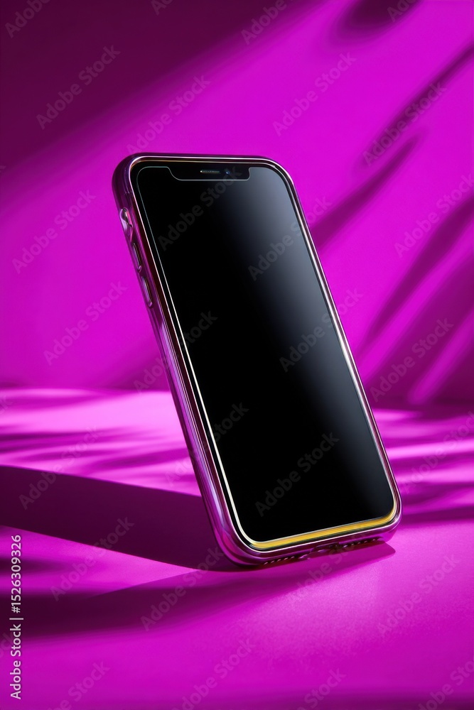 Poster smartphone leaning on a pink surface with shadow patterns, representing mobile technology and digita